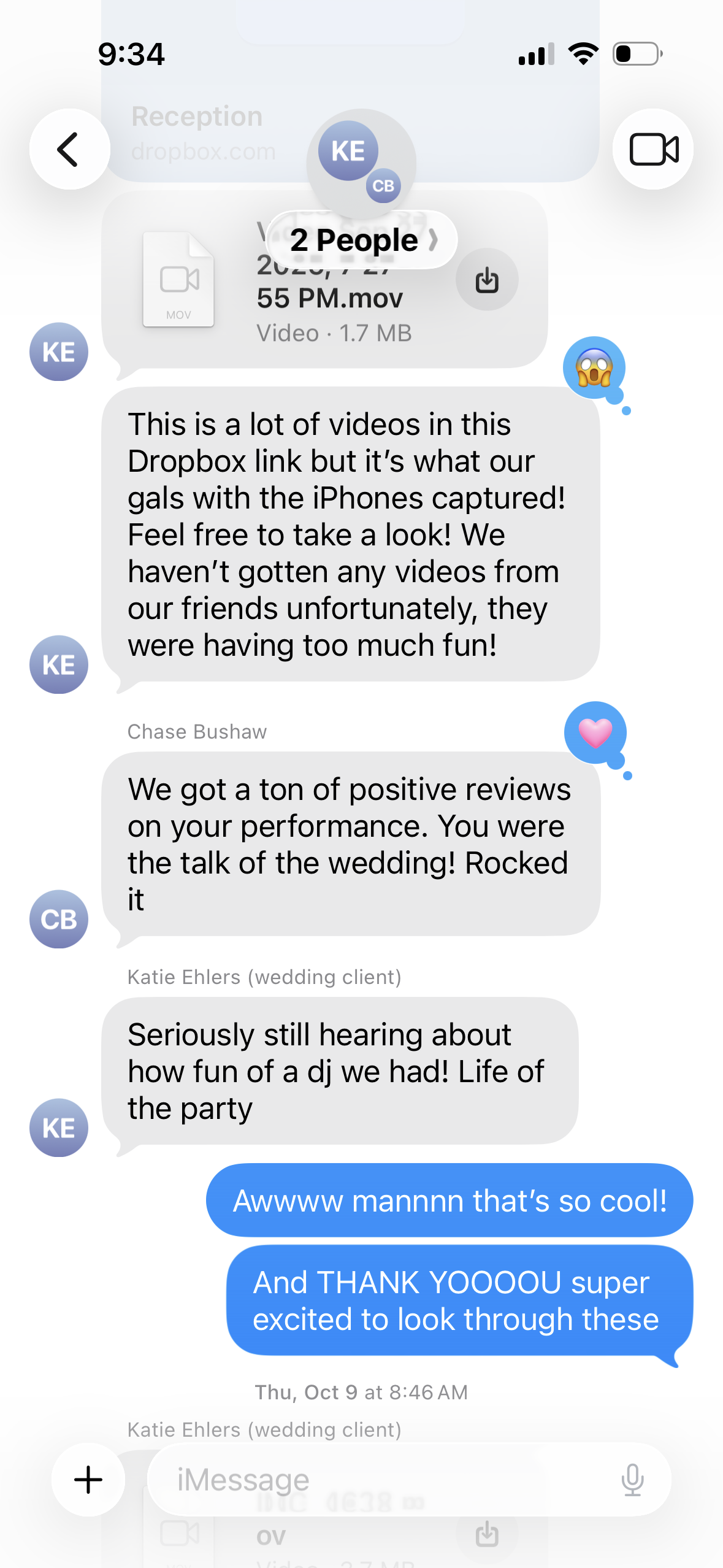 Text message from Katie and Chad thanking Lucas after their wedding