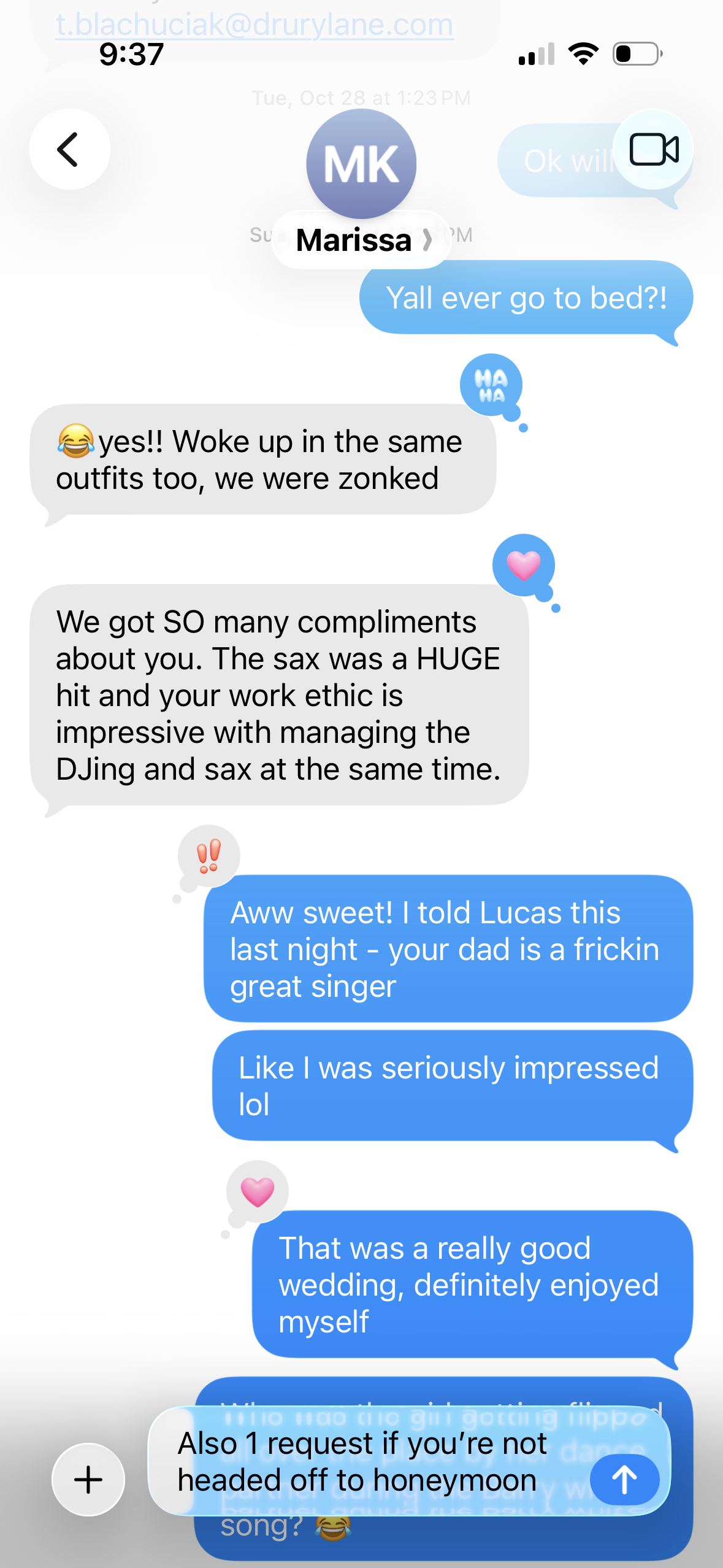 Text message from Marisa thanking Lucas after her wedding