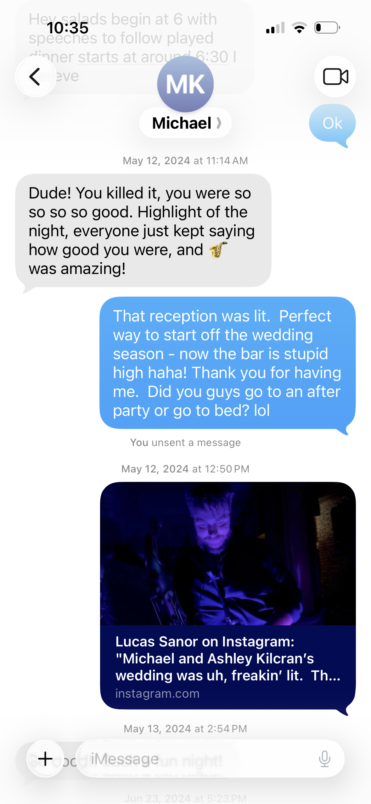 Text message from Michael thanking Lucas after his wedding