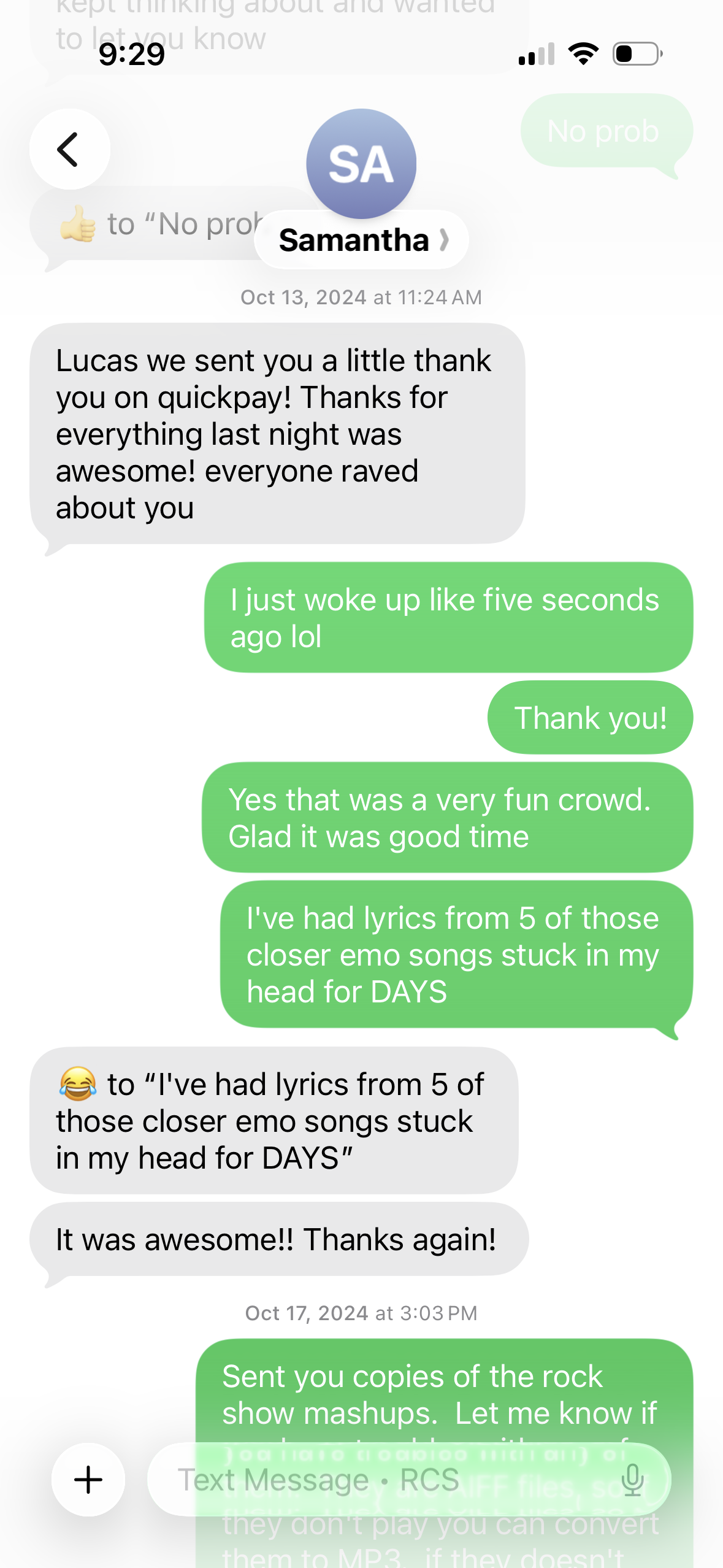 Text message from Samantha thanking Lucas after her wedding