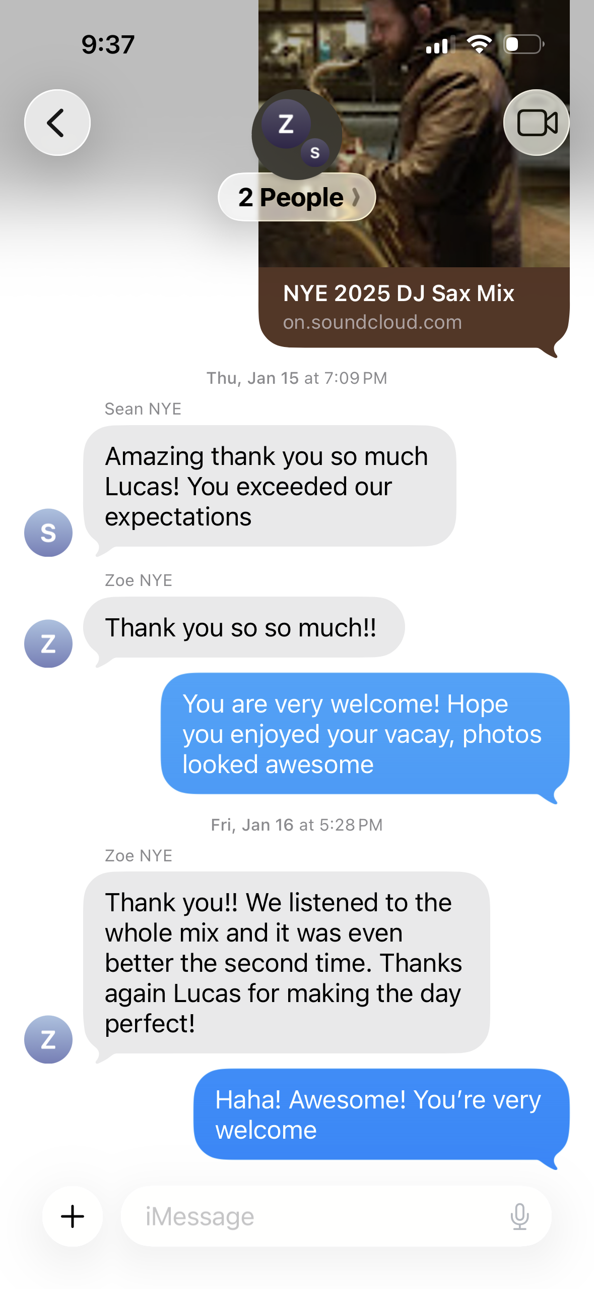 Text message from Sean and Zoe thanking Lucas after their New Year's Eve wedding