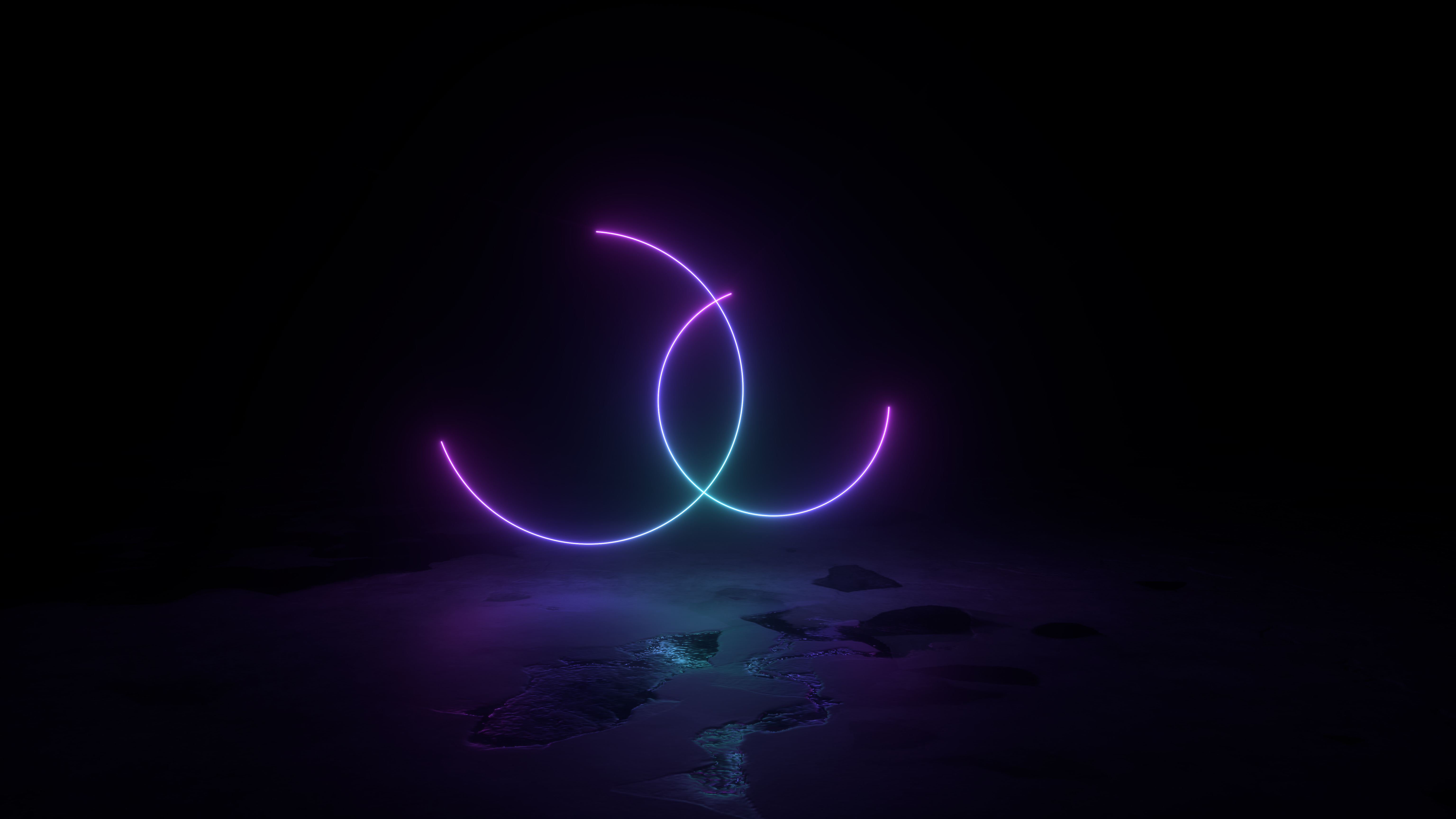 Two glowing neon rings, blue and pink, reflected on a dark wet floor
